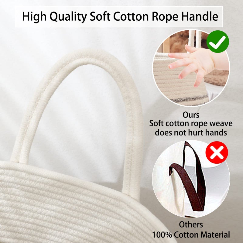 OIAHOMY Laundry Hamper Woven Cotton Rope Large Clothes Hamper 25.6" Height Modern Curve Basket with Extended Cotton Handles for Storage Clothes Toys in Bedroom, Bathroom, Foldable (White & light grey) - Image 5